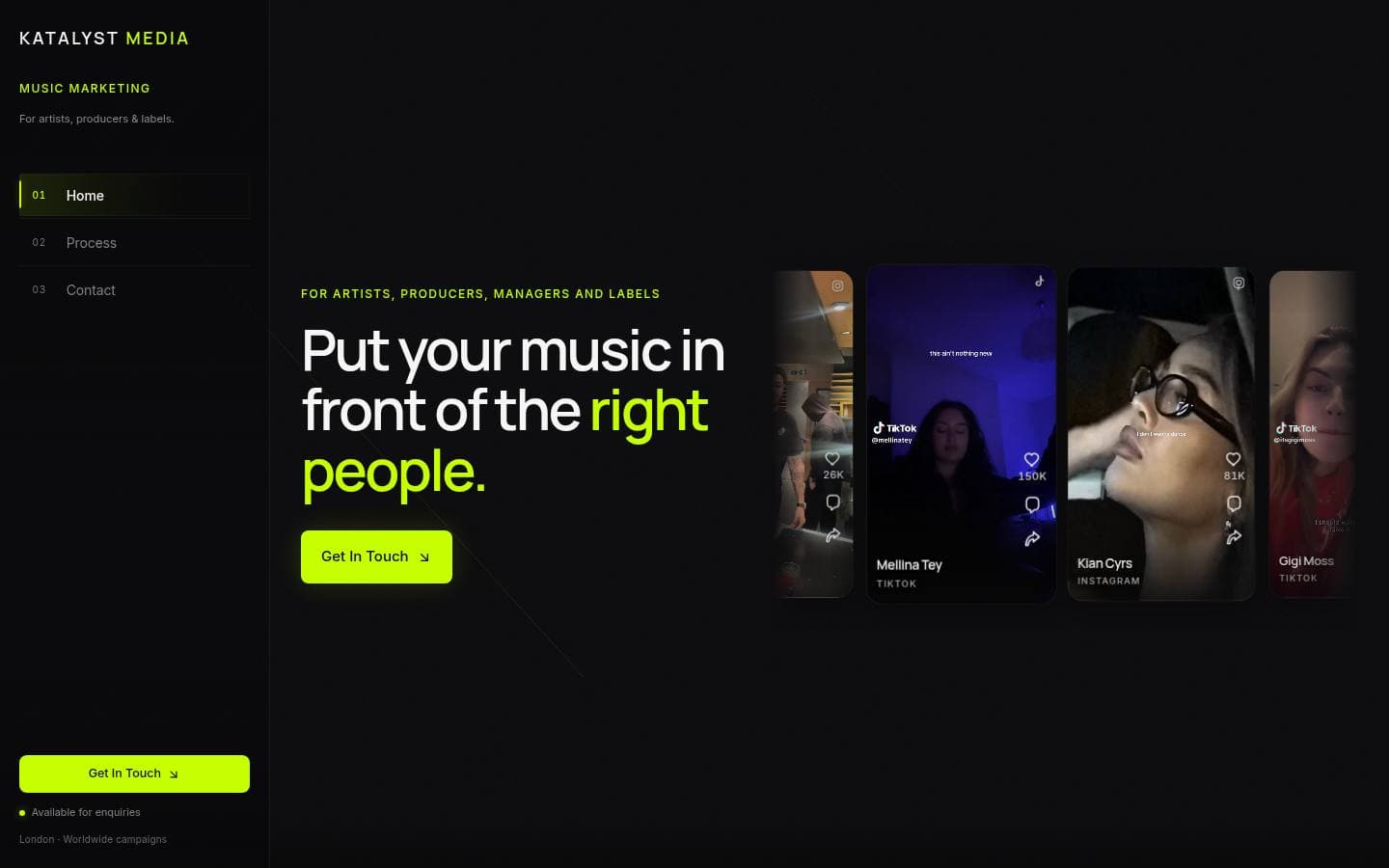 Katalyst Media homepage, with the headline about putting music in front of the right people.