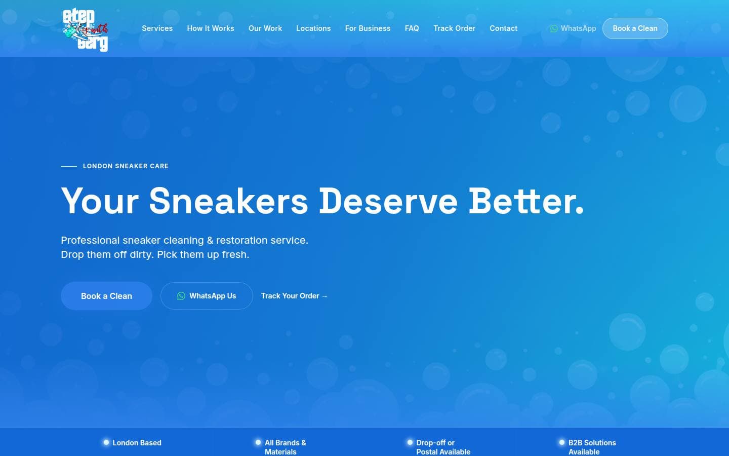 StepWithSerg homepage for a sneaker cleaning service.