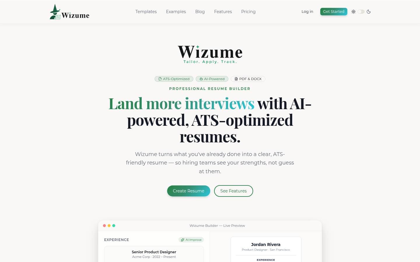 Wizume homepage, with the CV builder preview below the headline.